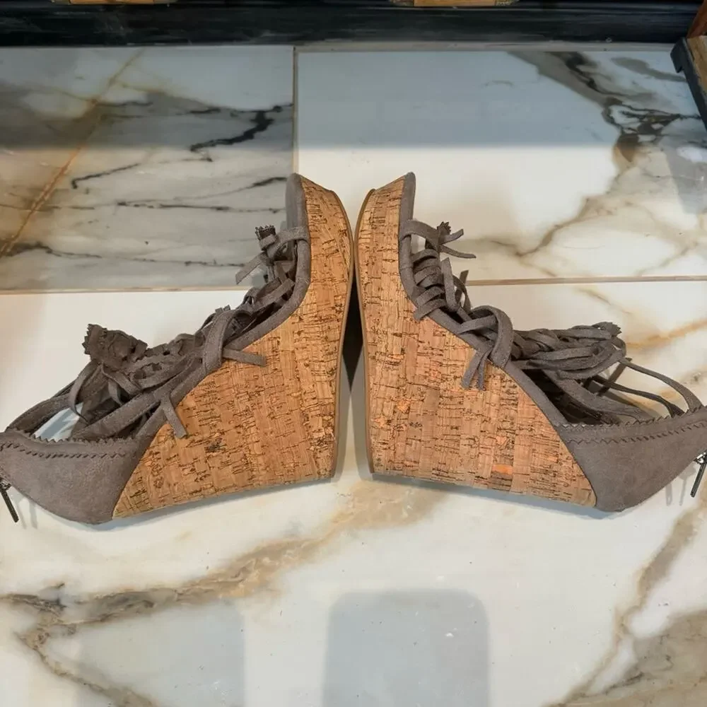 Not Rated Women's Faux Suede Fringe Cork Wedges‎ Taupe Size 9.5